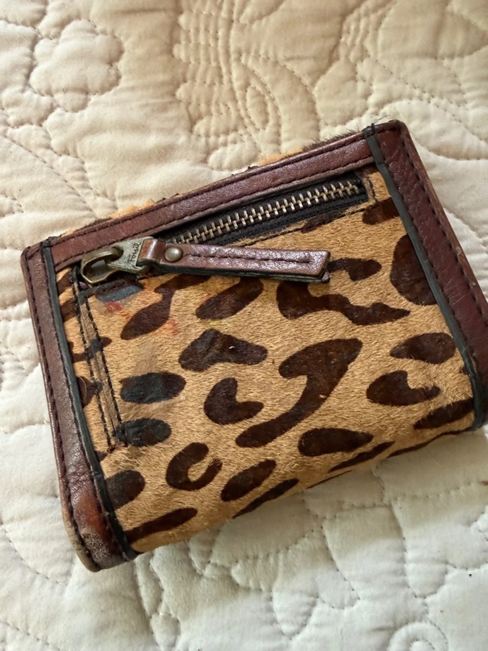Fossil Leopard Print Calf Hair Trifold Wallet